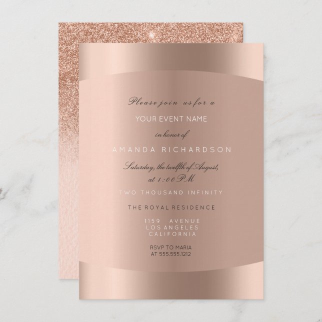 Rose Gold Black White Minimal Glitter Ombre Invitation (Front/Back)