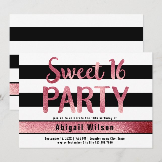 Rose gold black white sweet sixteen birthday party invitation (Front/Back)