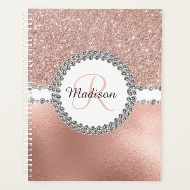 Rose Gold Bling Diamond Monogram Girly Planner (Front)