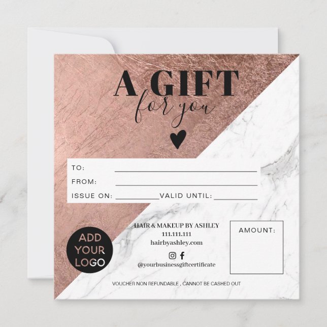 Rose gold block square gift certificate logo (Front)