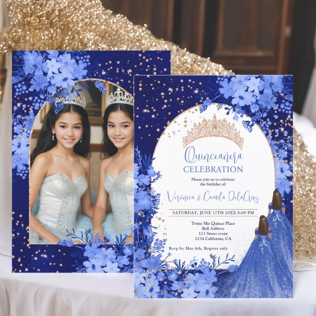 Rose gold blue floral princess Twins Quinceanera Invitation (Rose gold blue floral princess Twins Quinceanera Invitation)