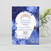 Rose gold blue floral tiara princess Quinceanera Invitation (Standing Front)