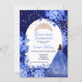 Rose gold blue floral tiara princess Quinceanera Invitation (Front)