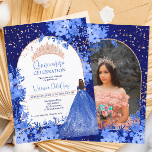 Rose gold blue floral tiara princess Quinceanera Invitation