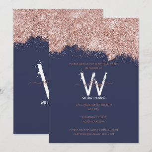 Rose Gold Blue Girly Glitter Any Year Birthday Invitation