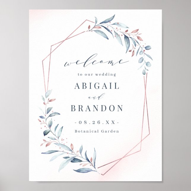 Rose Gold Blue Greenery Geometric Wedding Sign (Front)
