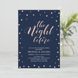 Rose Gold, Blue Modern Typography Rehearsal Dinner Invitation