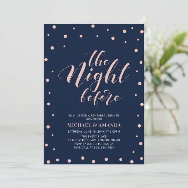 Rose Gold, Blue Modern Typography Rehearsal Dinner Invitation (Standing Front)
