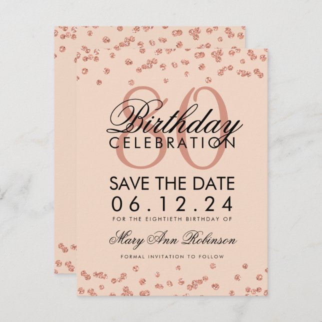Rose Gold Blush 80th Birthday Save Date Confetti Invitation (Front/Back)