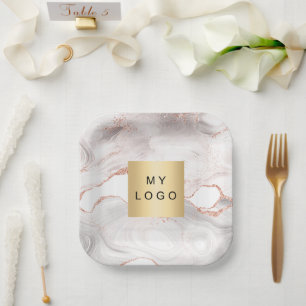 Rose gold blush agate marble business logo paper plate