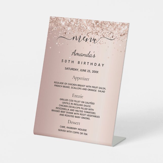 Rose gold blush birthdaynparty dinner menu pedestal sign (Front)