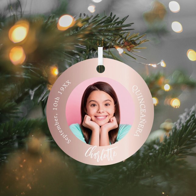 Rose gold blush custom photo Quinceanera Metal Tree Decoration (Creator Uploaded)