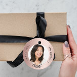 Rose gold blush custom photo thank you birthday favour tags<br><div class="desc">A classic rose gold,  blush background,  black text. Text: Happy birthday (x2) Personalise and add a name,  age and photo.
Back: add your thank you note.</div>