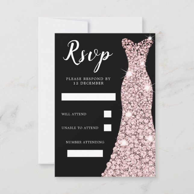 Rose Gold Blush Dress Birthday Party Bridal Black RSVP Card (Front)