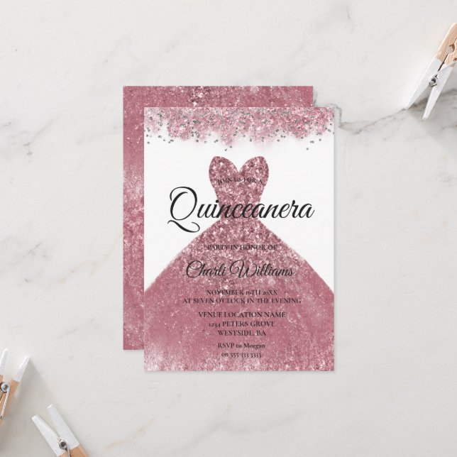 Rose Gold Blush Dress Quinceanera Party Invitation (Front/Back In Situ)