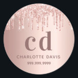 Rose gold blush drips name classic round sticker<br><div class="desc">A rose gold background. Decorated with drips,  paint dripping look.  Personalise and add a name,  monogram initials and a phone number. Block letters.   Dark rose gold coloured letters.</div>