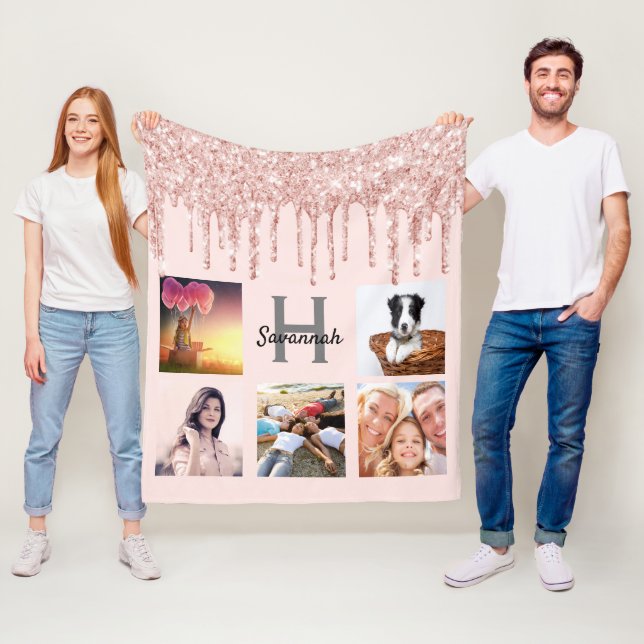 Rose gold blush drips name monogram photo fleece blanket (In Situ)