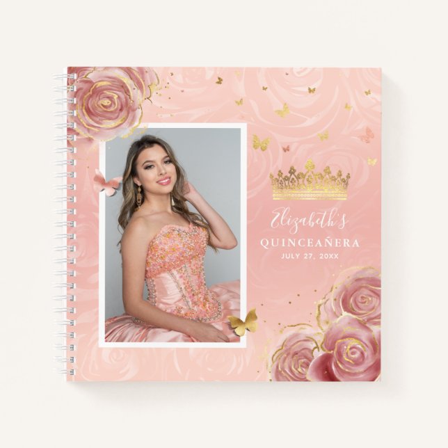 Rose Gold Blush Elegant Photo Quinceanera Guest Notebook (Front)