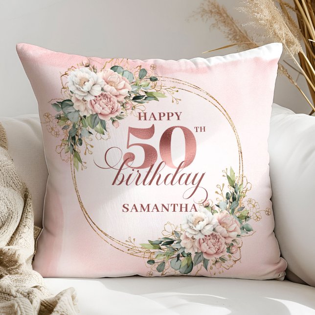 Rose Gold Blush Eucalyptus 50th Birthday Pillow  (Rose Gold Blush Eucalyptus 50th Birthday Pillow Gift)