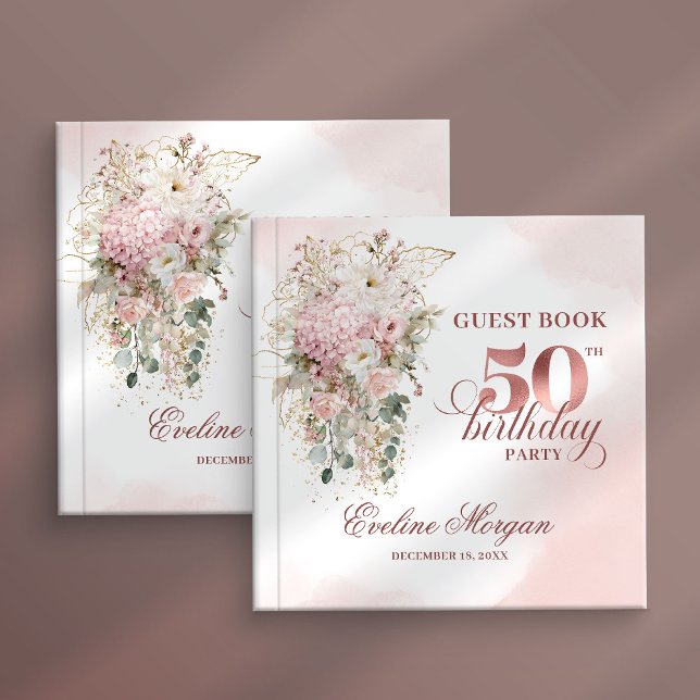 Rose Gold Blush Floral 50th Birthday Guest Book (Rose gold floral 50th birthday,
dusty pink blush gold glitter,
opulent Soft pastel   pink flowers, 
)