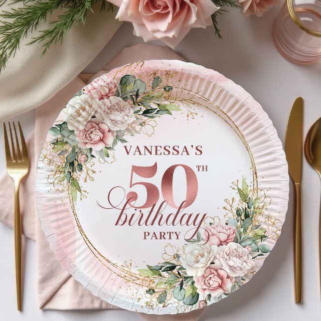 Rose Gold Blush Floral 50th Birthday Paper Plates (Rose Gold Blush Floral 50th Birthday Paper Plates)