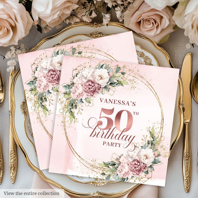 Rose Gold Blush Floral 50th Birthday Party Napkins (Rose gold floral 50th birthday,
dusty pink blush gold glitter,
opulent Soft pastel   pink flowers, 
)