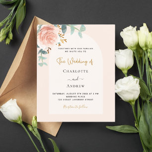Rose gold blush floral arch wedding invitation