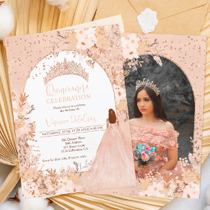 Rose gold blush floral tiara princess Quinceanera Invitation