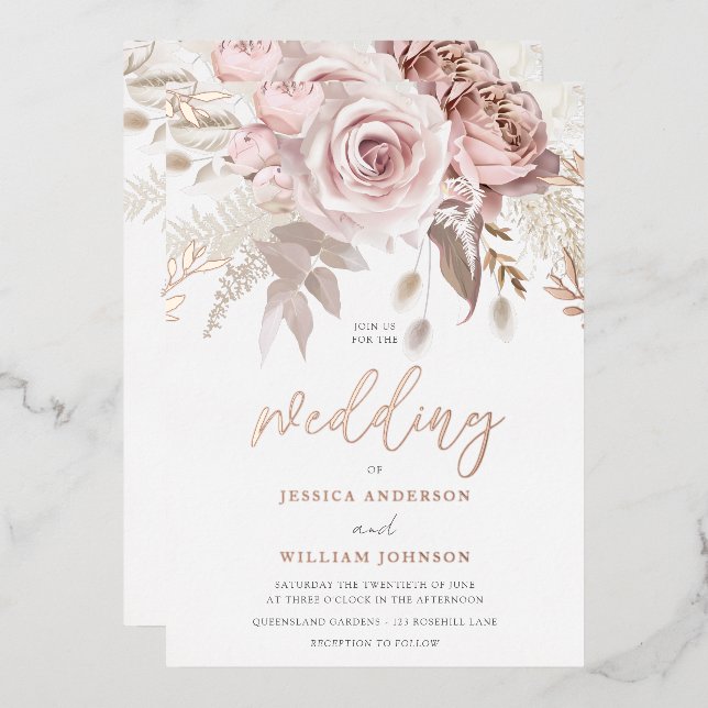 Rose Gold Blush Floral Wedding With Details Foil  (Front/Back)