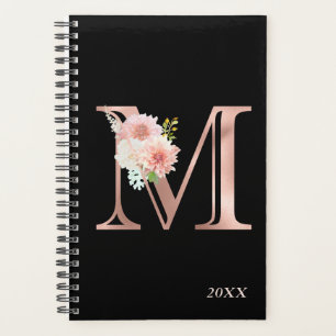 Rose Gold Blush Floral Yearly Monogram Letter M Planner