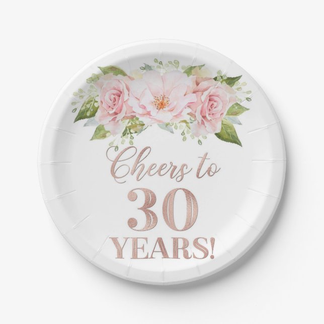 Rose Gold Blush Flower Cheers to 30 Years Birthday Paper Plate (Front)