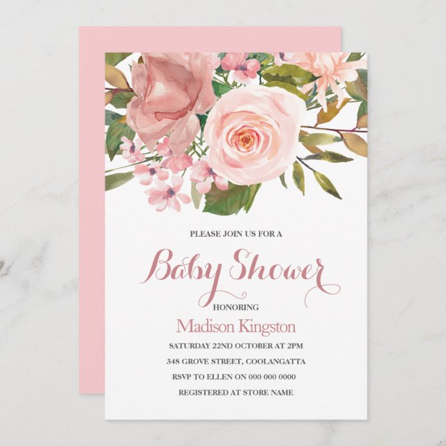 Rose Gold & Blush Flowers Baby Shower Invite (Front/Back)