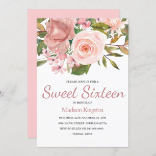 Rose Gold & Blush Flowers Sweet 16 Invite