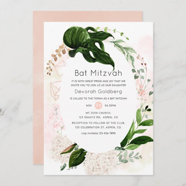 Rose Gold & Blush Geometric Greenery Bat Mitzvah Invitation (Front/Back)