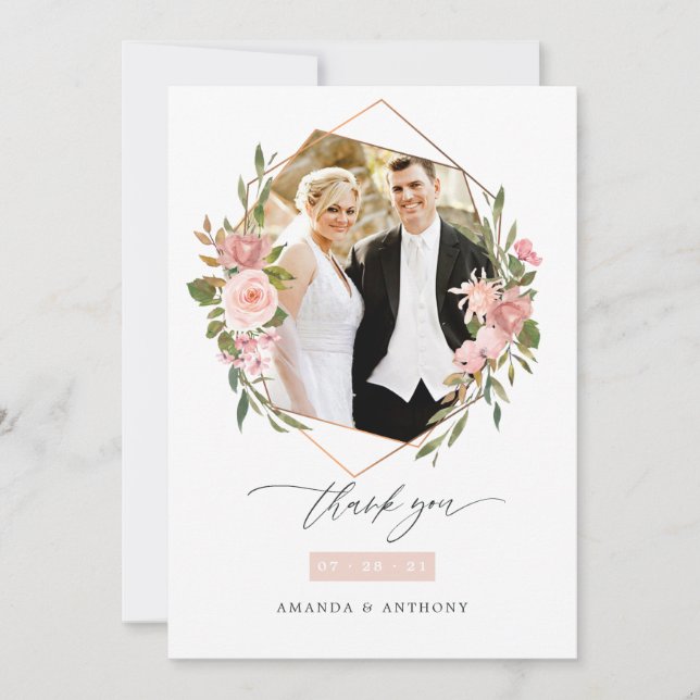Rose Gold & Blush Geometric Wedding Photo Collage Thank You Card (Front)