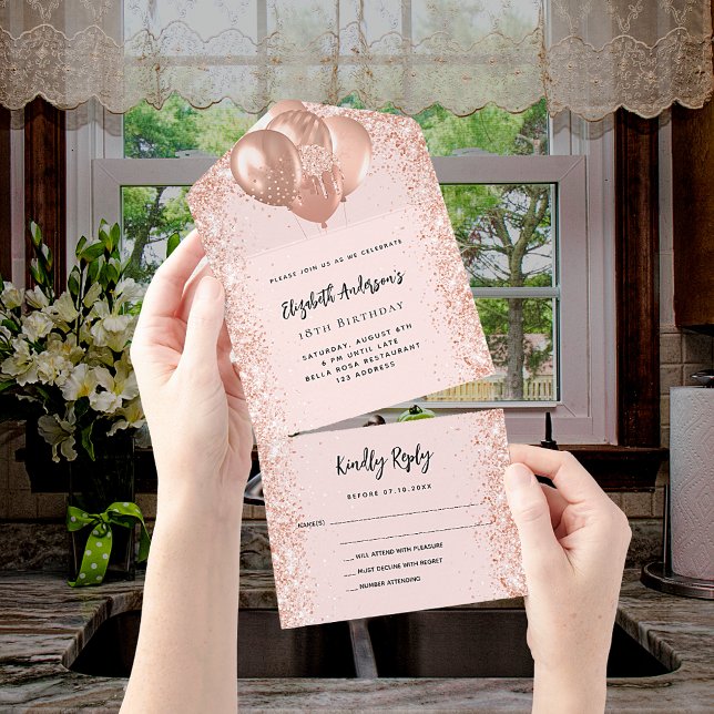 Rose gold blush glitter balloons birthday rsvp all in one invitation (Creator Uploaded)