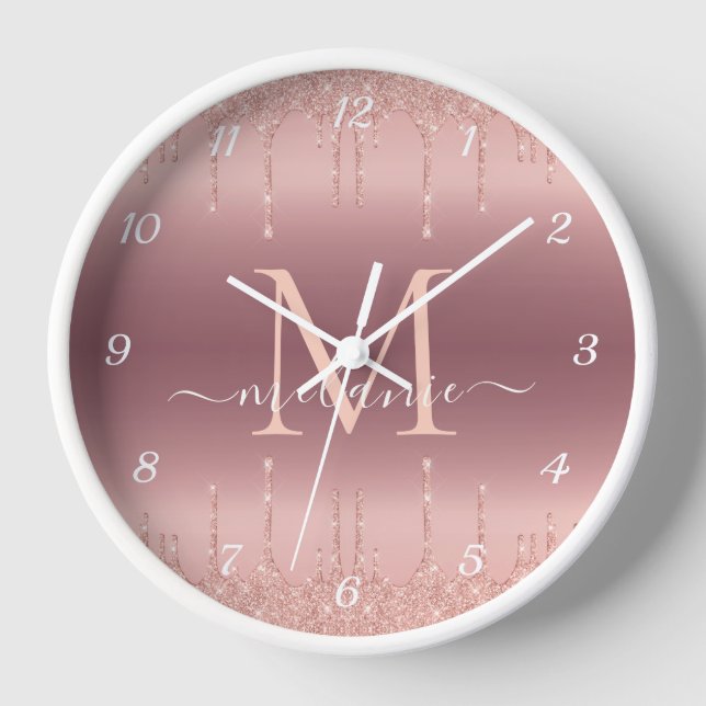 Rose Gold Blush Glitter Clock Custom Name Letter (Front)