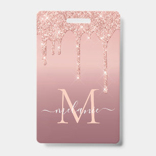 Rose Gold Blush Glitter Custom Letter Name Badge ID Badge