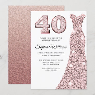 Rose Gold Blush Glitter Dress 40th Birthday Party Invitation