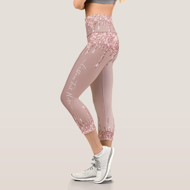 Rose Gold Blush Glitter Drips Leggings + Text/Name (Left)