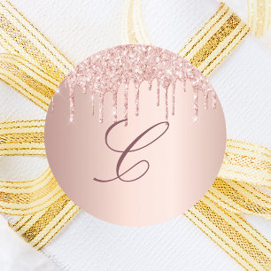 Rose gold blush glitter drips monogram initial classic round sticker