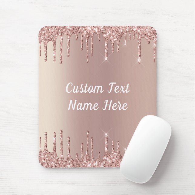 Rose Gold Blush Glitter Drips Mouse Pad Your Text (With Mouse)