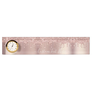 Rose Gold Blush Glitter Drips Text Desk Name Plate