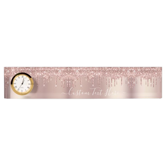Rose Gold Blush Glitter Drips Text Desk Name Plate (Front)