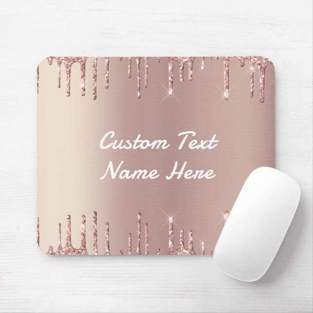 Rose Gold Blush Glitter Drips Text Name Mouse Pad (With Mouse)