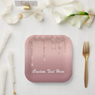 Rose Gold Blush Glitter Drips Text Paper Plates