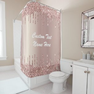 Rose Gold Blush Glitter Drips Text Shower Curtain