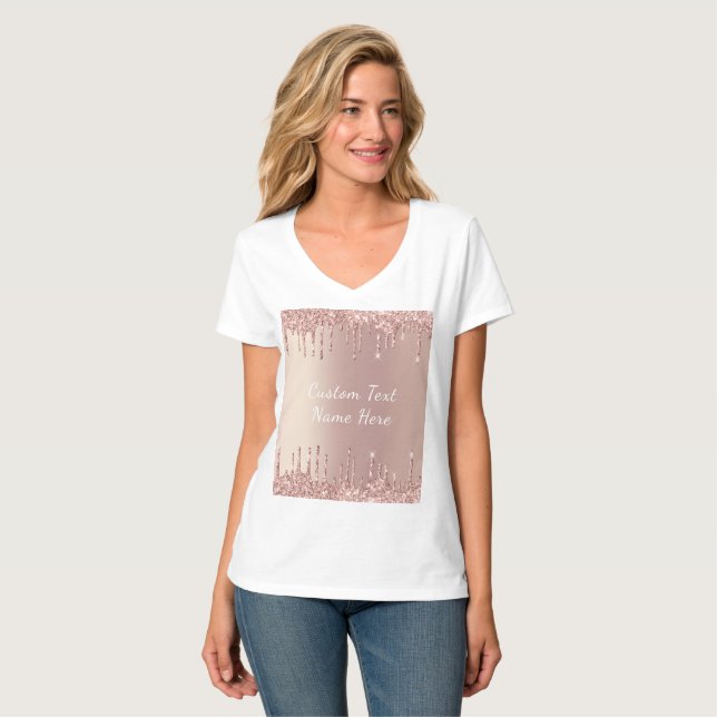 Rose Gold Blush Glitter Drips Your Text T-Shirt  (Front Full)