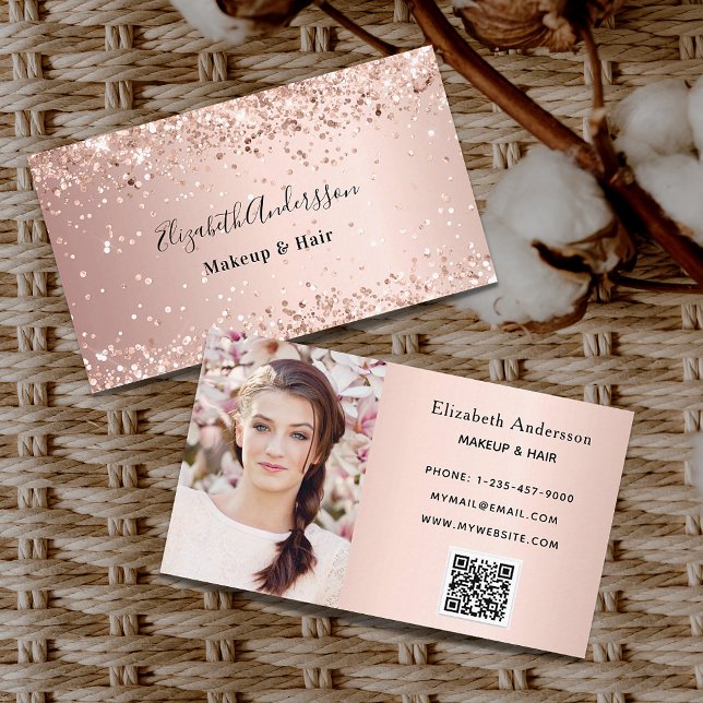 Rose gold blush glitter dust photo qr code business card (Creator Uploaded)
