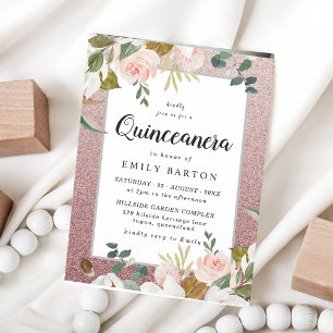 Rose Gold Blush Glitter Floral Quinceanera Invitation